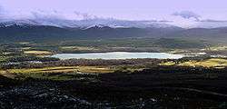 A relatively small loch on the River Spey is surrounded by forest and moorland. In the background can be seen the Cairngorm Mountains, the summits of which are covered with snow.