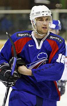 An ice hockey player holds his stick in one hand while removing his glove of his left hand. He is wearing a white helmet and a blue and red uniform with a roosters head on his chest.