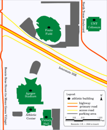 Rectangular map of an area about 1.2 times as tall as it is wide. Interstate 35 East, marked by a yellow and orange line, divides the map in half diagonally from bottom left to top right, with Fouts Field in the north and Apogee Stadium in the south.