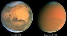 Two orange-hued disks. The one at left shows distinct darker regions along with cloudy areas near the top and bottom. In the right image, features are obscured by an orange haze. An white ice cap is visible at the bottom of both disks.