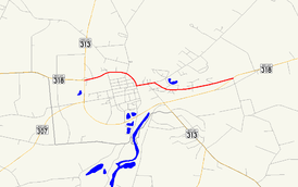 A map of Federalsburg, Maryland showing major roads.  Maryland Route 318 runs through downtown Federalsburg.