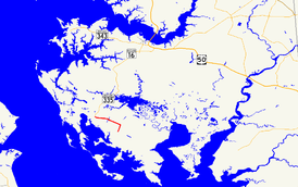 A map of Dorchester County, Maryland showing major roads.  Maryland Route 336 runs from Crossroads to Lakesville.