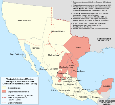 A map of Mexico, showing state and territory divisions as of 1835.  Texas, Coahila, Nuevo León, Tamaulipas, Zacatecas and the Yucatán are shaded, marking them as having separatist movements.