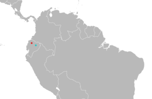 Map of the northern half of South America with a red mark in northwestern Ecuador and a blue mark in eastern Ecuador.