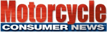 Magazine logo with word "motorcycle" in large red letters and words "consumer news" in smaller white capital letters on a blue background