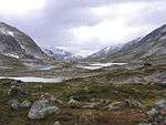 Barren valley with patches of green and tiny lakes