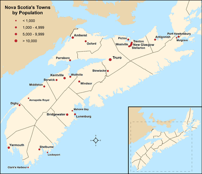 Map showing locations of Nova Scotia's towns