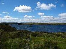 The wind creates ripples on a blue lake surrounded by a low-lying green and brown landscape under small white clouds in a blue sky. Mountains line the distant horizon.