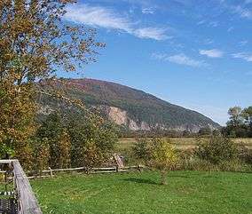 A green field in the foreground, and a large hill and a bright blue sky with sparse clouds is in the background. A tree is to the left.