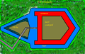 plan view of a fort with detached storage area and a surrounding moat in swamp, labels in German