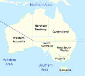 Map of Australia showing state borders, with RAAF area command boundaries superimposed