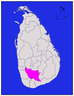 Area map of Ratnapura District, some distance from the south western coast with its western and southern borders converging towards the north west, in the Sabaragamuwa Province of Sri Lanka