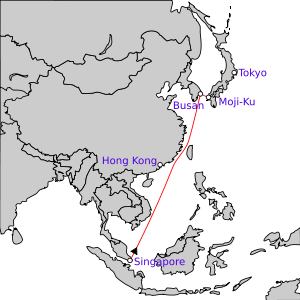 Map of Southeast Asia and East Asia between Singapore and Japan showing the approximate route of the Completion Force as described in the article