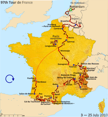 Map of France with red lines indicating the route of the 2010 Tour de France, showing that this Tour started in the Netherlands, visited the Alps and then the Pyrenees, and finished in Paris.