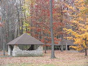 Rustic picnic shelters, one stone and one timber, with red, orange and yellow leaves on surrounding trees