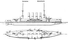 The ship had four smoke stacks between a pair of tall pole masts. A twin gun turret was positioned on either end of the superstructure, which bristled with guns