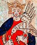 Manuscript illustration of a crowned man holding a bird.