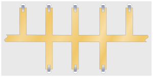 A stripline circuit consisting of a through line with regularly spaced branch lines perpendicular to it. Each branch line (except the first and the last) extends both sides of the through line and is terminated in short-circuit straps at both ends. The first and last branch line extend to only one side, are half the length of the other branches, and have only one terminating short-circuit strap.