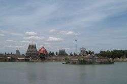 Tank with chariot and temple tower in the background