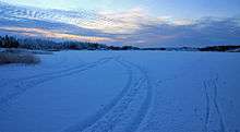 The lake covered with snow, in which tracks of tires and skis are visible