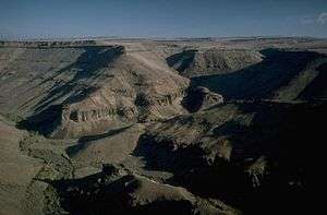 Dry country with a canyon and some smaller canyons as seen from above