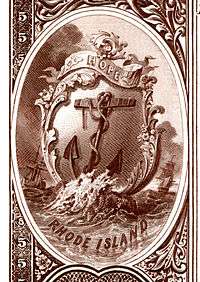 Rhode Island state coat of arms from the reverse of the National Bank Note Series 1882BB