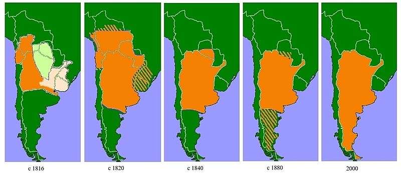 Green map of Argentina with an orange outline growing over time to illustrate the changing state of Argentina's indigenous peoples.