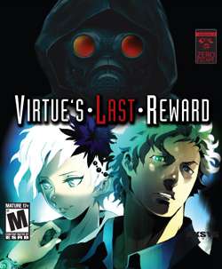 The game's cover art, featuring two stylized characters: Phi and Sigma, both seen from the shoulders and up and looking off to the side. Above them, a hooded figure wearing a gas mask is shown, facing the viewer. The game's logo, vertically centered between the hooded figure and Phi and Sigma, shows the words "Virtue's Last Reward", with an interpunct between each word. "Last" is written in red, while the rest of the logo is white.