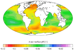 World map showing varying change to pH across different parts of different oceans