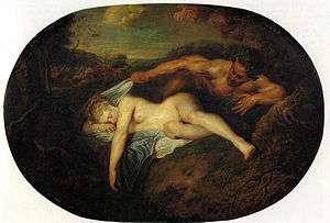 Jupiter as a satyr stands over a naked, sleeping woman