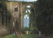 Figures in nineteenth century dress wander around the ruined abbey's overgrown, roofless walls, and through a tall pointed archway