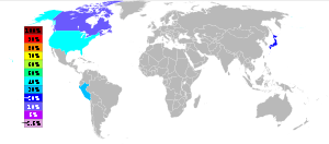 Grey and white world map with four countries colored to show the percentage of worldwide tellurium production. US to produce 40%; Peru 30%; Japan 20% and Canada 10%.