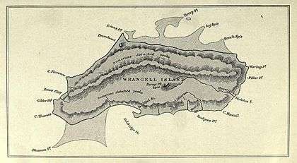 Hand-drawn map from which the island's fish-like shape is evident. Interior geographical features (mountains, rivers) are marked, together will all the named capes and deadlands around the shores.