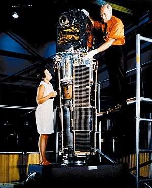 woman and man standing a satellite