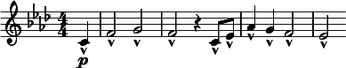  \relative c' { \clef treble \numericTimeSignature \key f \minor \time 4/4 \partial 4*1 c\p-^ | f2-^ g-^ | f-^ r4 c8-^ ees-^ | aes4-^ g-^ f2-^ | ees-^ } 