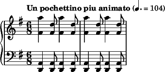 
{  \new PianoStaff <<
    \new Staff = "RH" \relative c'' { \clef treble \key e \minor \time 6/8 \tempo "Un pochettino piu animato" 4. = 104 <a' fis,>4 <d, fis,>8 <a' fis,>4 <d, fis,>8 <a' fis,>4 <d, fis,>8 <a' fis,>4 <d, fis,>8}
    \new Staff = "LH" \relative c' { \clef bass \key e \minor \time 6/8 <a, d,>4 <a d,>8 <a d,>4 <a d,>8 <a d,>4 <a d,>8 <a d,>4 <a d,>8 } >> }
