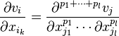 \frac{\partial v_i}{\partial x_{i_k}}=\frac{\partial^{p_1+\cdots+p_l}v_j}
 {\partial x_{j_1}^{p_1}\cdots \partial x_{j_l}^{p_l}}