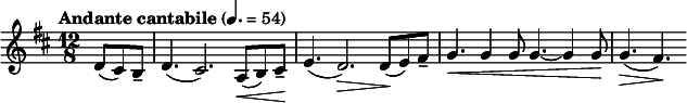 
  \relative c' { \clef treble \time 12/8 \key d \major \tempo "Andante cantabile" 4. = 54 \partial 8*3 d8( cis) b-- | d4.( cis2.) a8\<( b) cis--\! | e4.( d2.)\> d8(\! e) fis-- | g4.\< g4 g8 g4.~ g4 g8\! | g4.(\> fis)\! }
