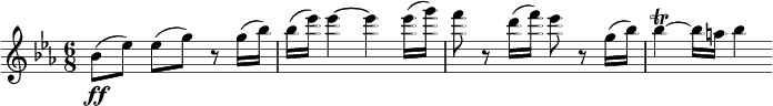 
\relative c'' {
  \key es \major
  \time 6/8
  bes8\ff( es) es([ g)] r g16( bes) |
  bes16( es) es4~ es es16( g) |
  f8 r d16( f) es8 r g,16( bes) |
  bes4\trill~ bes16 a bes4
}
