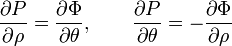  \frac{\partial P}{\partial \rho} = \frac{\partial \Phi}{\partial \theta},\ \ \ \ \ \ \frac{\partial P}{\partial \theta} = -\frac{\partial \Phi}{\partial \rho}