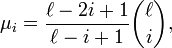 
\mu_{i}=\frac{\ell-2i+1}{\ell-i+1}\binom{\ell}{i},
