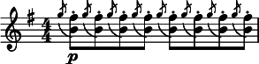   \relative c'' { \clef treble \numericTimeSignature \time 4/4 \key g \major \slashedGrace { g'8( } <fis b,>8-.)\p \slashedGrace { g( } <fis b,>-.) \slashedGrace { g( } <fis b,>-.) \slashedGrace { g( } <fis b,>-.) \slashedGrace { g( } <fis b,>-.) \slashedGrace { g( } <fis b,>-.) \slashedGrace { g( } <fis b,>-.) \slashedGrace { g( } <fis b,>-.) } 