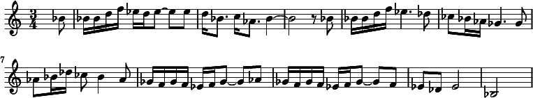 {\set Staff.midiInstrument = #"xylophone" \time 3/4 \skip2 \skip8 bes'8 bes'16 bes'16 d''16 f''16 es''16 d''16 es''8 ~ es''8 es''8 d''16 bes'8. c''16 as'8. bes'4 ~ bes'2 r8 bes'8 bes'16 bes'16 d''16 f''16 es''4. des''8 ces''8 bes'16 as'16 ges'4. ges'8 as'8 bes'16 des''16 ces''8 bes'4 as'8 ges'16 f'16 ges'16 f'16 es'16 f'16 ges'8 ~ ges'8 as'8 ges'16 f'16 ges'16 f'16 es'16 f'16 ges'8 ~ ges'8 f'8 es'8 des'8 es'2 bes2 \skip4}