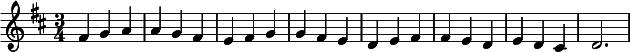  \relative c' { \time 3/4 \key d \major fis g a a g fis e fis g g fis e d e fis fis e d e d cis d2. }