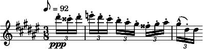 
  \relative c'' { \clef treble \time 3/8 \key dis \minor \tempo 8 = 92 \partial 8*1 \times 2/3 { dis'16-.\ppp cisis-. dis-. } | \times 2/3 { e-.[ dis-. cis-.] } \times 2/3 { b-.[ ais-. gis-.] } \times 2/3 { fisis-.[ gis-. ais-.] } | \times 2/3 { gis^^([ dis-.) dis] } }
