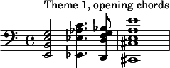 \relative c' {\clef "bass"  <e,, b' e g>2^"Theme 1, opening chords" <ees ees' aes c>4. <d d' f g bes>8 <cis cis' e a e'>1} 