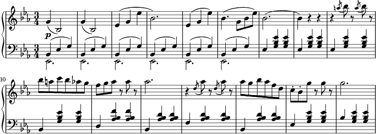 
 \relative c' {
  \new PianoStaff <<
   \new Staff { \key c \minor \time 3/4
        g'( bes,2) | g'4( bes,2) | ees4( g ees' | bes2.) | ees,4( g ees') | bes4.( g8 bes ees) | bes2.( | bes4) r r r \slashedGrace a'8( bes) r \slashedGrace a( bes) r bes8 a c bes aes g f g aes r aes r aes2. r4 \slashedGrace d,8( aes') r \slashedGrace d,( aes') r aes8 g bes aes f d c-. bes-. g' r g r g2.
      }
   \new Dynamics {
    s\p
      }
   \new Staff { \key c \minor \time 3/4 \clef bass
    <<
      { bes,,,4( ees g) bes,( ees g) bes,( ees g) bes,( ees g) bes,( ees g) bes,( ees g) ees <g bes ees> <g bes ees> ees <g bes ees> <g bes ees> ees <g bes ees> <g bes ees> bes, <g' bes ees> <g bes ees> d <aes' bes f'> <aes bes f'> bes, <aes' bes d> <aes bes d> f <aes bes d> <aes bes d> bes, <aes' bes d> <aes bes d> ees <g bes ees> <g bes ees> bes <g bes ees> <g bes ees> }
    \\
      { ees,2. ees ees ees ees ees }
    >>
      }
  >>
 }
