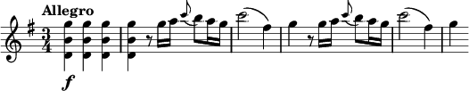 
\relative c''' {
  \tempo "Allegro"
  \key g \major
  \time 3/4
  <g b, d,>4\f q q |
  q4 r8 g16 a \appoggiatura c8 b a16 g |
  c2( fis,4) |
  g4 r8 g16 a \appoggiatura c8 b a16 g |
  c2( fis,4) |
  g4
}
